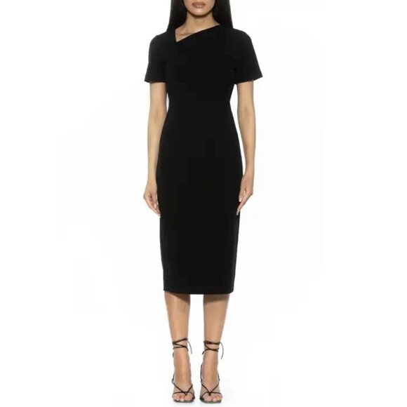 Maggy London Dresses & Skirts - MAGGY LONDON Black Asymmetrical Neck Stretch Crepe Midi Sheath Dress P1945